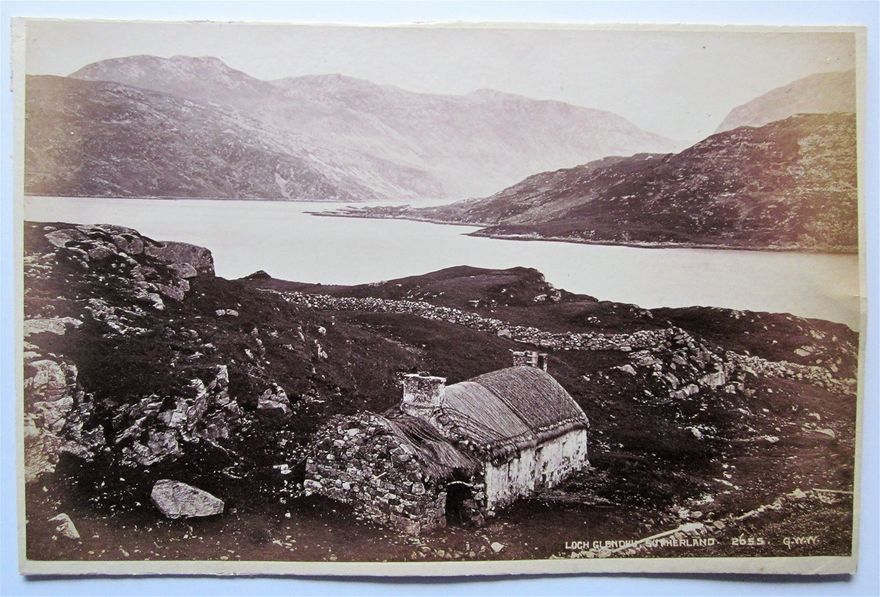 A wonderful late-19th century photograph by George Washington Wilson, titled Loch Glendhu, Sutherland. I believe it is looking across Loch Glencoul, probably from Unapool. The important geological strata, including the Glencoul Thrust, can be made out on the distant shore. The Moine thrust runs along the top right-hand end of the distant hills. For more information, see my page on The Highlands Controversy.